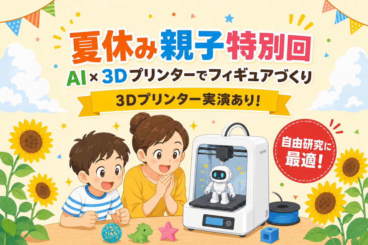 国内3Dプリンタメーカー・武藤工業とコラボレーション夏休み親子特別ワークショップ「AI×3Dプリンターでオリジナルフィギュアをつくろう」を8月1日（土）に開催
