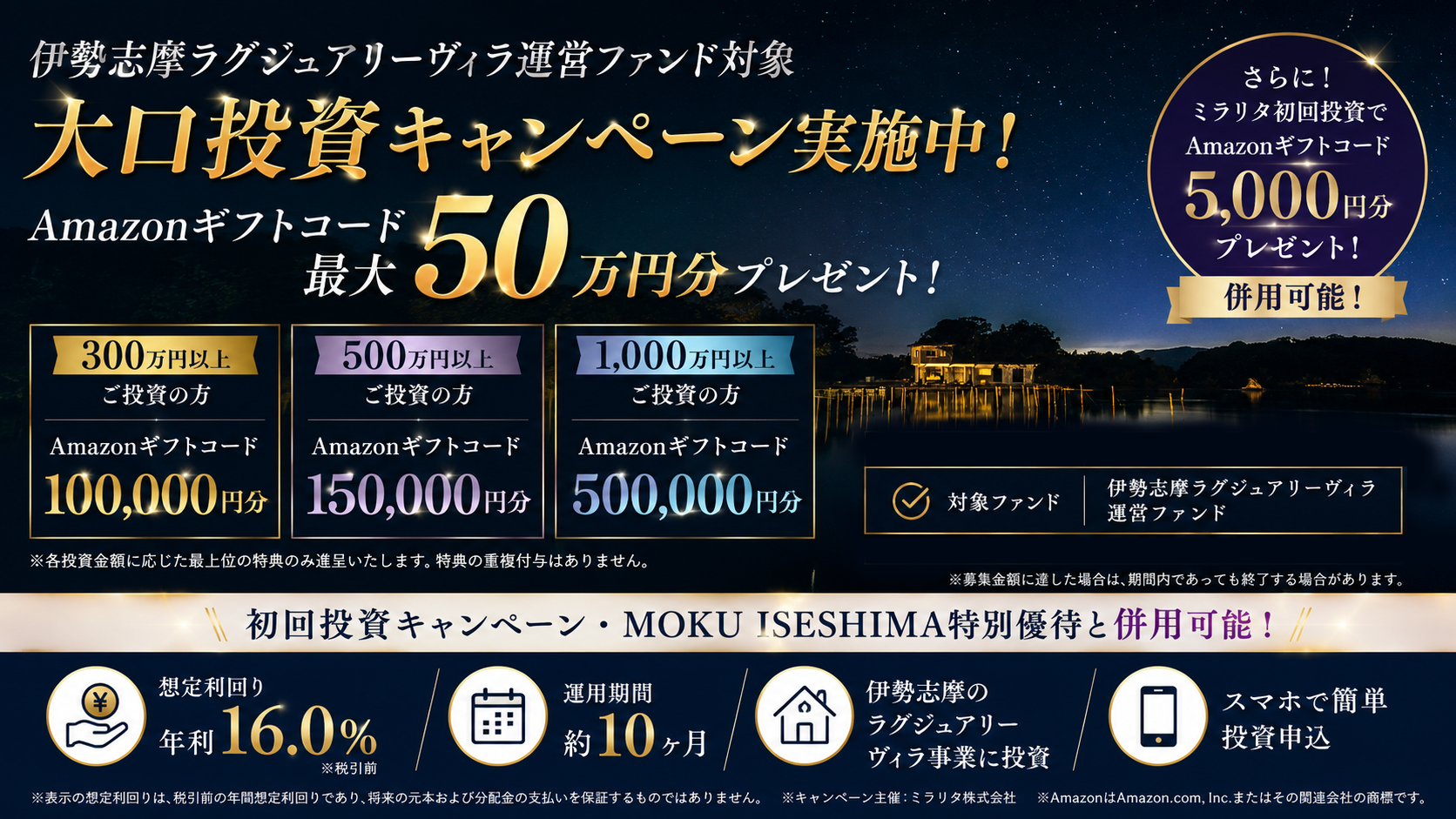 ミラリタ、「伊勢志摩ラグジュアリーヴィラ運営ファンド」を対象に大口投資キャンペーンを実施